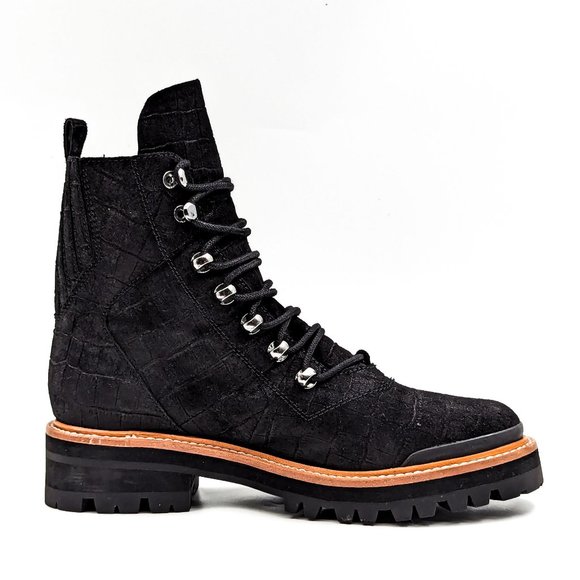 Marc Fisher Women Lizzie Black Croc Festival Combat Black Leather Boots sz 7.5 - Picture 11 of 12